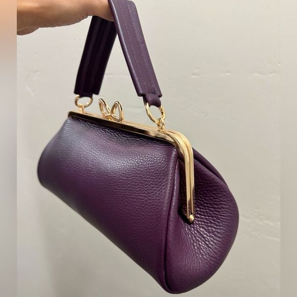 Purple Pebble Leather Handmade Bow Shaped Kisslock Baguette Bag/Crossbody - Picture 13 of 16